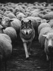 A black and white image of a lone wolf walking directly towards the viewer, surrounded by a dense flock of sheep.