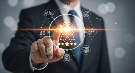 A businessman in a suit touches a digital display showing a quality assurance seal with five stars, surrounded by related icons and radiating light.
