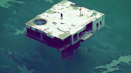 A lone adult stands on the decaying rooftop of a derelict, concrete building that floats in a vast, dark green, watery expanse. The structure appears abandoned