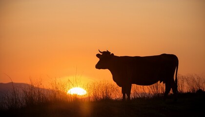 Cow Silhouette At Sunset A Serene Rural Scene