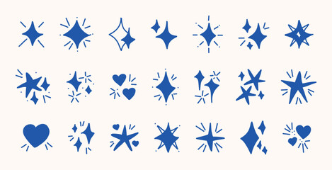 Bright blue doodle sparkles stars hearts hand drawn clipart for children vector illustration playful hand drawn design icon set minimal flat cute art whimsical decorative sketch elements isolated