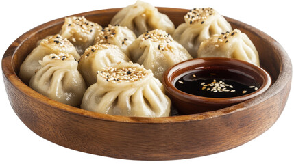 Steamed Dumplings with Sesame Seeds and Soy Sauce isolated on a transparent background