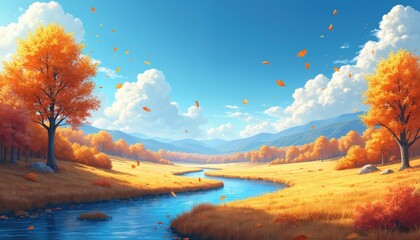 Golden autumn landscape with winding river and falling leaves. Bright sun shines on trees hills and blue sky with white clouds. Nature scenery peaceful outdoor.