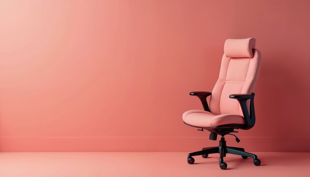 Modern pink office chair sits against vibrant coral wall. This piece offers comfort and style for a creative workspace or home office setup. Enhances room ambiance.