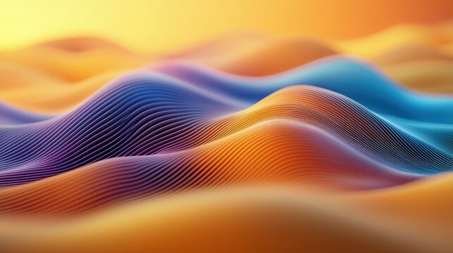 An abstract, undulating landscape with smooth, flowing waves in shades of purple, blue, and orange, bathed in warm, soft golden light.