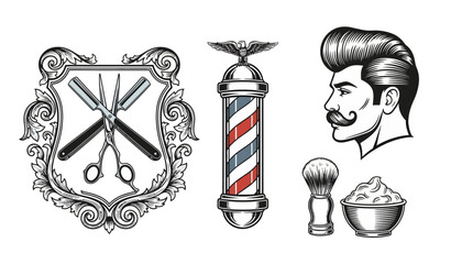 Vintage barber shop vector elements with razor crest, barber pole, and gentleman profile for grooming branding