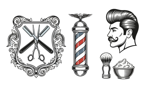 Vintage barber shop vector elements with razor crest, barber pole, and gentleman profile for grooming branding