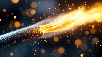 A close-up view of a sparkler being lit, emitting vibrant orange flames and a shower of golden sparks. The background is dark and features soft, out-of-focus bo