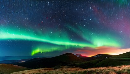 A Beautiful Green And Red Aurora Dancing Over The Hills