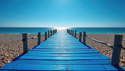 Blue wooden pier leads to calm blue ocean under clear sky. Pebble beach lines path inviting walk toward horizon. Summer travel, escape, and relaxation awaits.