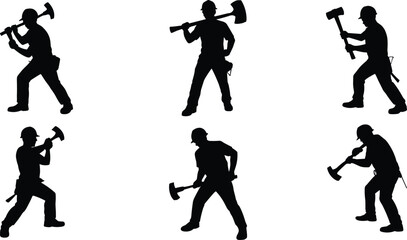 Construction Worker Swinging Sledgehammer Silhouette Set: Hard Hat Safety Figures, Manual Laborer with Heavy Tool, Tradesman Striking Poses, Black Vector Graphic Collection, Demolition Work.