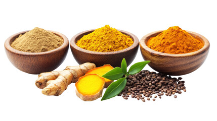Turmeric Ginger Black Pepper Spice Bowls isolated on a transparent background