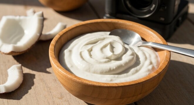 Creamy white substance in wooden bowl with spoon, coconut pieces, and a camera