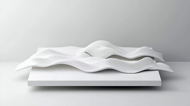 A minimalist abstract sculpture made of white material, featuring flowing, wave-like forms, displayed on a white pedestal in a studio with soft, diffused lighti