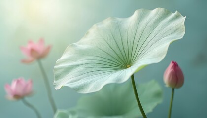 Lotus blooms with soft pink color on gentle green backdrop. Large leaf and buds are in focus. Photo evokes calm and beauty. Artistic zen composition suits for wellness or spa concepts.