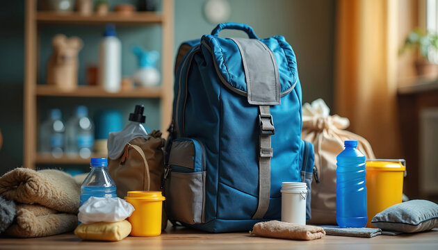 Emergency preparedness kit with essential survival supplies. Blue backpack go bag packed with gear for disaster evacuation. Bug out bag contains water, food, first aid for safety, self reliance - Powered by Adobe