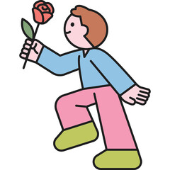 A Stylized Person with Light Brown Hair Wearing a Blue Long Sleeve Shirt Pink Pants and Green Shoes Holds a Red Rose in a Transparent Background