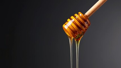 Golden cascade of honey flows smoothly from a wooden dipper on dark background