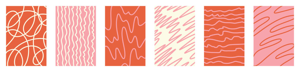 Set of childlike abstract scribble patterns. Vector retro warm tones, wavy swirly groovy lines. Hand drawn graphic doodle stroke collection playful creative energetic illustration backgrounds layout