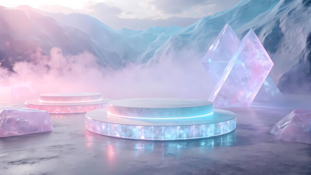 An ethereal, glowing podium made of crystal or ice, floating in a misty, abstract space. Soft pastel colors (pinks, blues) and a dreamlike, magical atmosphere. 3D render, conceptual  