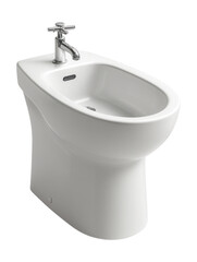 A floor-mounted bidet with a high rim and built-in air dryer, perfect for modern