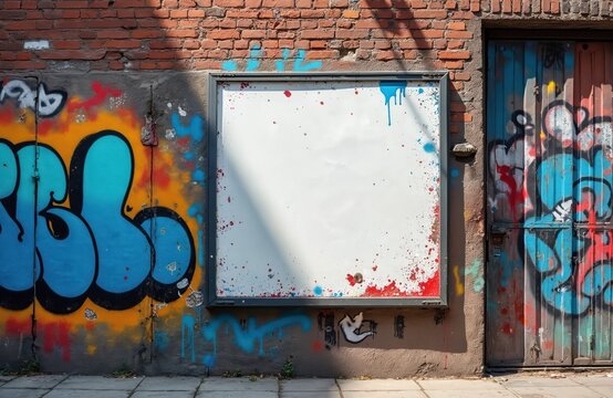 Blank white billboard on brick wall with graffiti art. Urban street scene with copy space for ads and announcements. Outdoor advertisement panel design template.
