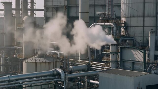 Industrial Factory with Smoke Emitting from Pipes and Towers manufacturing plant