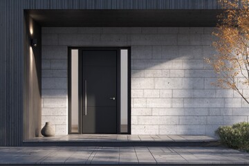 Contemporary residence entrance featuring a dark entryway set against textured stone blocks illuminated by soft exterior light