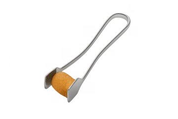 Stainless steel tongs holding a fried food snack