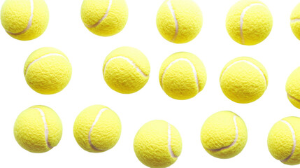Yellow tennis balls arranged in rows isolated on a transparent background
