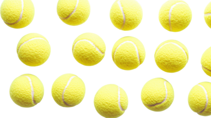 Yellow tennis balls arranged in rows isolated on a transparent background