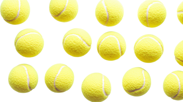 Yellow tennis balls arranged in rows isolated on a transparent background