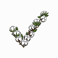 A Checked Mark Formed by a Branch of Cotton Bolls and Leaves