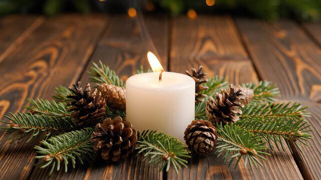 White candle surrounded by pinecones and evergreen branches. A white candle nestled among pinecones and evergreen branches, creating a cozy, festive atmosphere.  