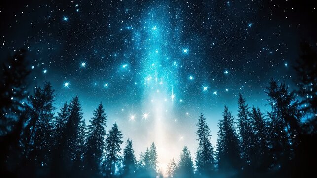 A dark forest silhouette against a vibrant night sky filled with stars, a bright nebula, and a beam of light.