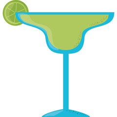 A frosty margarita cocktail with a lime slice garnish in a clear margarita glass with a turquoise stem and base on a transparent background representing a refreshing alcoholic beverage ideal for