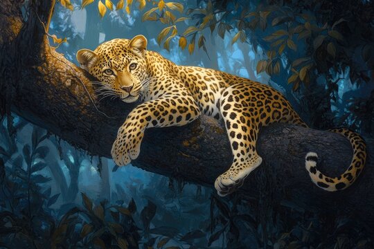 Leopards in Trees: A leopard lounging on a tree branch in the jungle.