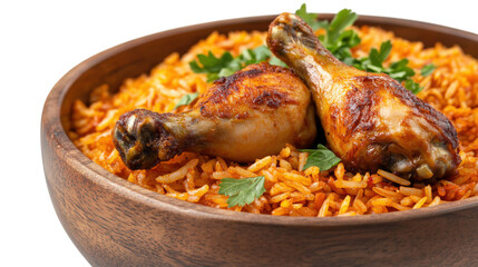 Chicken drumsticks with orange rice isolated on a transparent background 