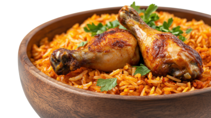 Chicken drumsticks with orange rice isolated on a transparent background 