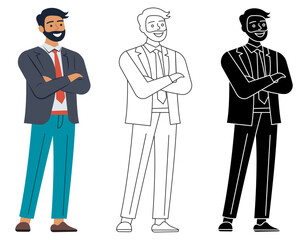 Businessman standing confidently with crossed arms isolated flat vector illustration