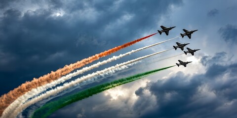 Five military jets soar in tight formation through a dramatic, cloud-streaked sky, each leaving behind vibrant trails of orange, white, and green the colors of the Indian national flag.