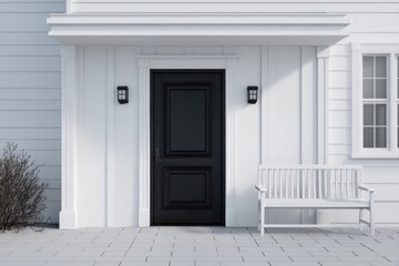 Fototapeta premium Modern farmhouse entryway features a stark black door set against bright white siding and exterior details