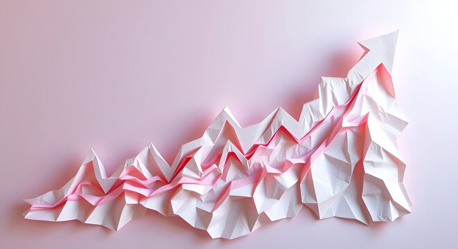 Dynamic upward trending arrow diagram with folded paper texture on pastel pink backdrop for creative business presentation and financial analysis