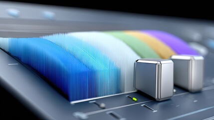 Close-up of a modern audio mixer console with colorful spectrum analyzer bars and metallic knobs, illuminated by soft studio lighting.