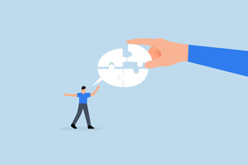 Complete communication speech bubble,  businessman hand help connect jigsaw on speech bubble.