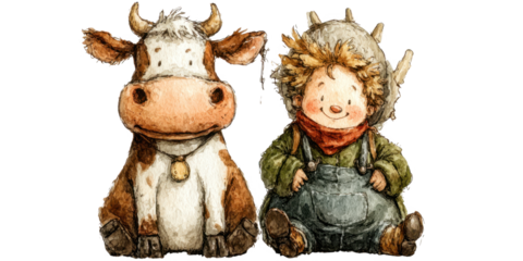 Charming Illustration of a Young Farmer with His Cow, Capturing the Joyful Bond Between Farm Animals and Their Caretakers in a Playful Style isolated on transparent background 