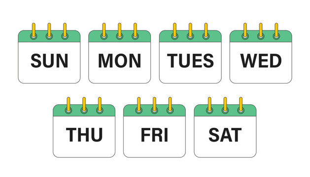 Seven weekday calendar icons. Sunday, monday, tuesday, wednesday, thursday, friday, saturday symbol.