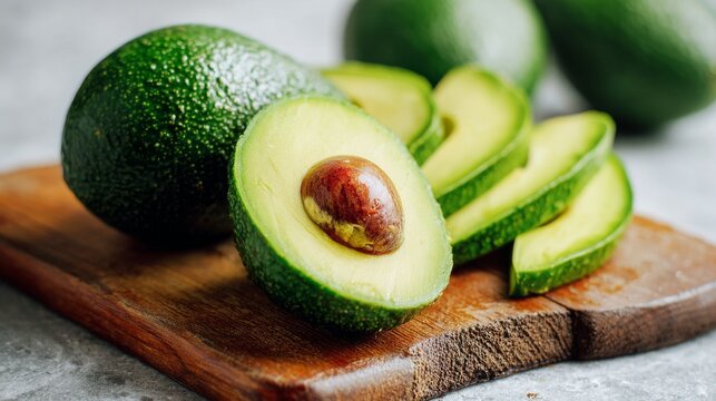 Freshly Sliced Avocado on Wooden Board with Whole Avocados in Background, Healthy Food and Green Fruit Concept for Recipes and Nutrition