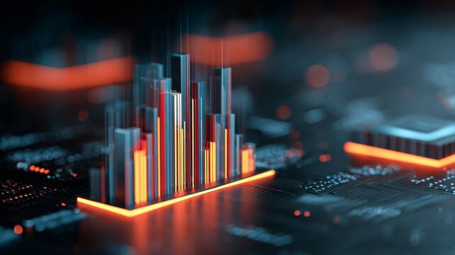 Abstract digital representation of data visualization on computer circuitry showcasing vibrant bars and glowing pixels for technology concepts