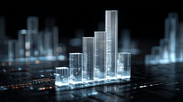 Abstract Digital Chart Visualizing Data in Transparent Bars over a Dark Background with Circuit Patterns for Technology and Financial Concepts - Powered by Adobe